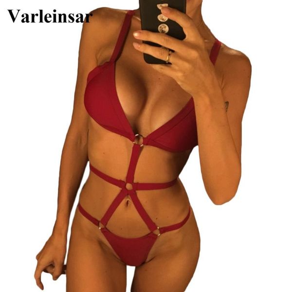 

3 colors wine bandage caged one piece swimsuit women swimwear female 2021 bather bathing suit swim wear monokini lady v920, White;black