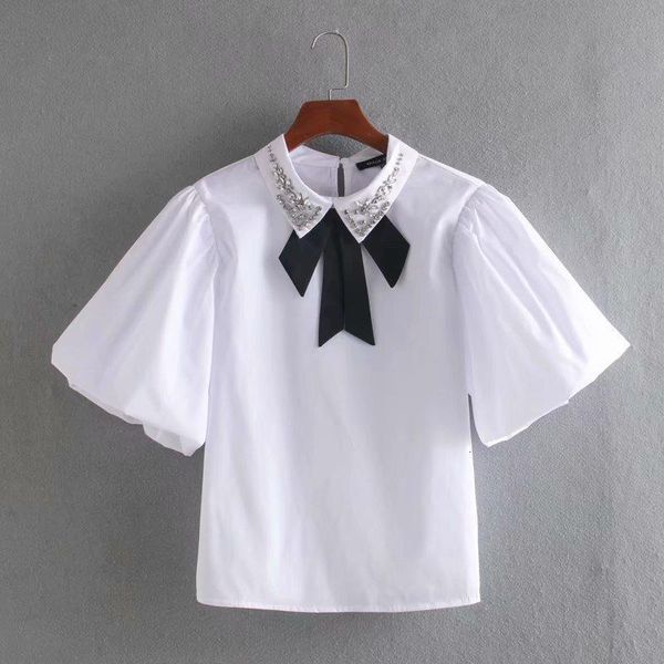 

2021 spring women simply bow tied beading decoration poplin blouse shirts women chic lantern sleeve blusas chemise ls6480, White
