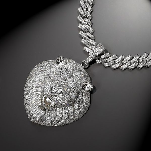 

iced out necklace luxury large size micro pave cubic zircon lion head pendant for men women hip hop jewelry gifts, Silver