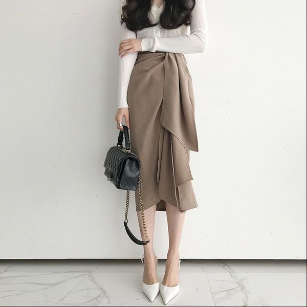 

ewq] spring 2021 all match womens casual skirt high waist bandage asymmetrical midi skirts korean fashion female elegant, Black