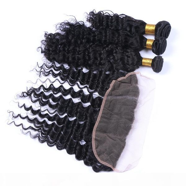 

parting lace closure with baby hair with hair bundles 4pcs lot brazilian virgin human hair weaves with lace frontal, Black