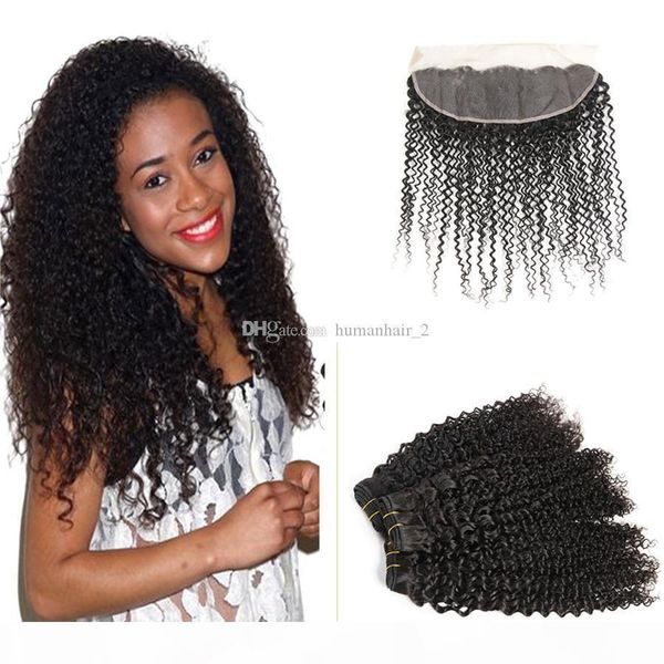

kinky culry human hair with lace frontal 8a brazilian virgin hair bundles with pre plucked lace frontal closure, Black;brown