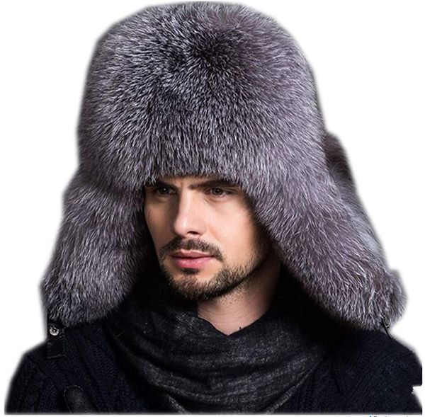

womens and mens winter hat real fox fur genuine leather russian ushanka hats, Blue;gray