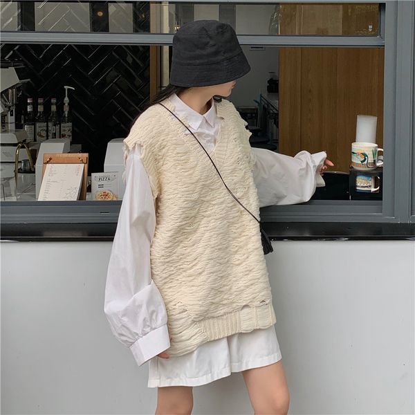 

2021 autumn new irregular sleeveless v-neck pullover loose double layer knitted sweater vest tqqs, White;black