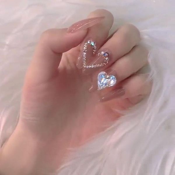 

false nails peach heart crystal wearing fake nude-color medium long round press on nail tips bride, Red;gold