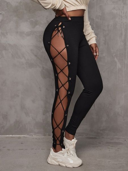 

sxy eyelet lace up knot side leggings y8zu#, Black