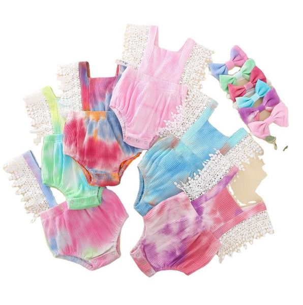 

baby tie ddye outfit suit children clothes set pit strip overalls lace stitching jumpsuit headband 2pcs/set yl434, White
