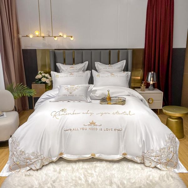 

bedding sets luxury white satin silk cotton embroidery set soft silky double duvet cover bed linen fitted sheet pillowcases 4pcs