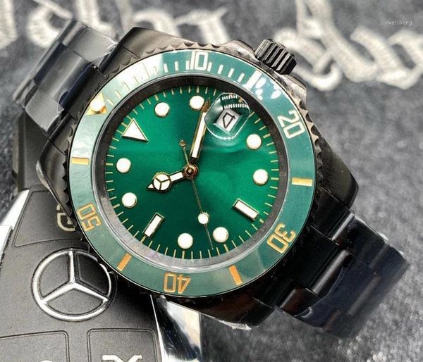 

wristwatches full black men stainless steel automatic mechanical eta2813 blue green ceramic gold bezel sapphire watch, Slivery;brown