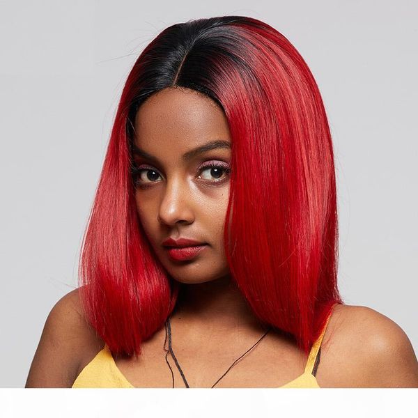 

red human hair ombre wigs for black women preplucked virgin brazilian silky straight dark root ombre red colored lace front wig human hair, Black;brown