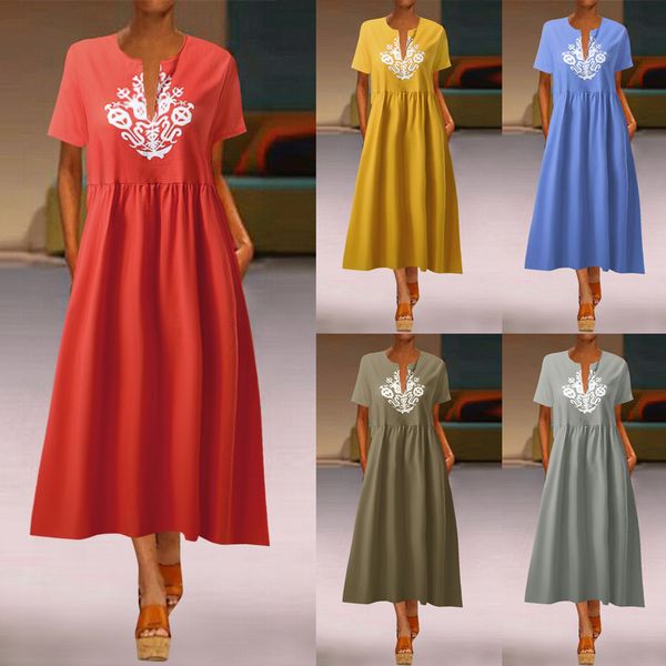 

women dress plus size lady summer fashion vintage daily casual short sleeve print floral v neck boho beach dress vestidos, Black;gray