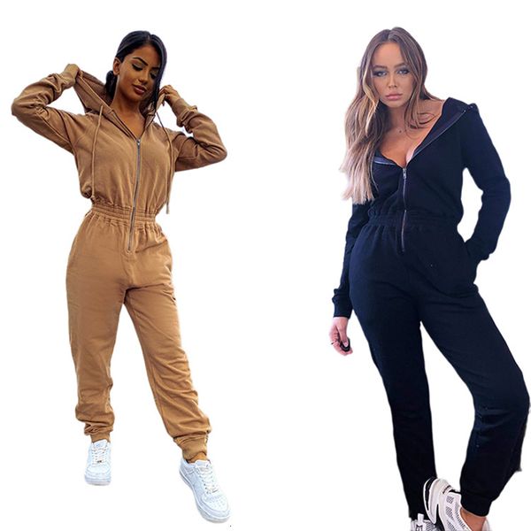 

2021 new solid color thicken warm zipper drawstring hoodie slim jumpsuits women winter clothes fashion casual sports rompers ueg4, Gray