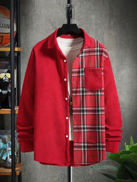 

men plaid patched pocket shirt without tee s6fg#, White;black