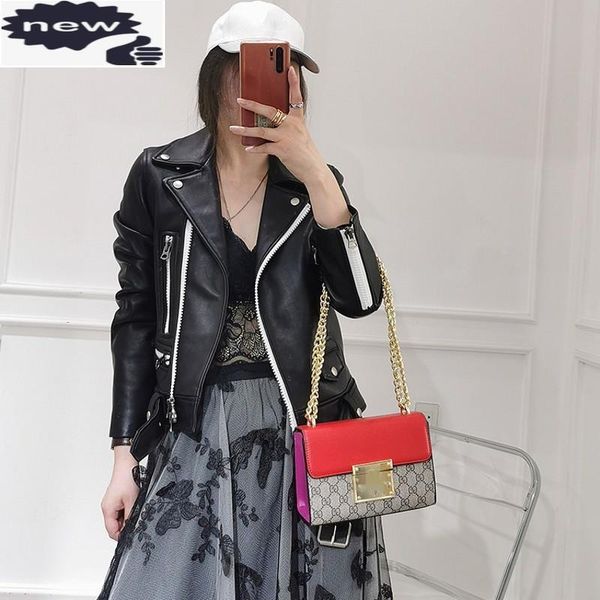 

women's leather & faux natural sheepskin genuine short biker jacket slim streetwear zipper vintage waterproof womens outerwear, Black