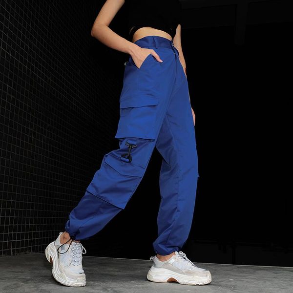 

women's pants & capris women high waist blue cargo fashion loose pockets womens streetwear patchwork pencil sweat bottom, Black;white