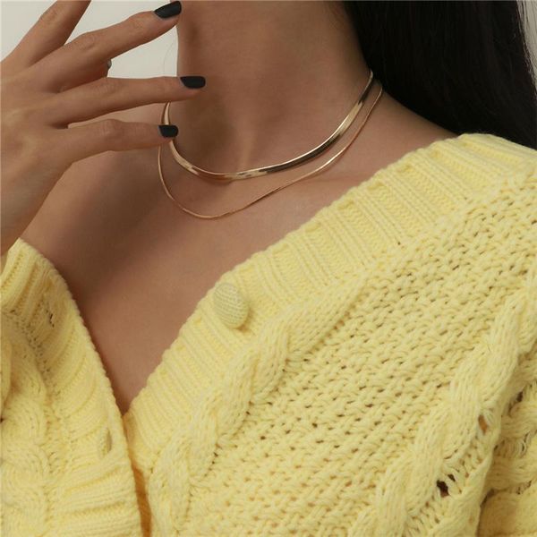 

2pcs/set multi layered flat blade snake link chain choker necklace women vintage simple gold color collares necklace jewelry, Silver