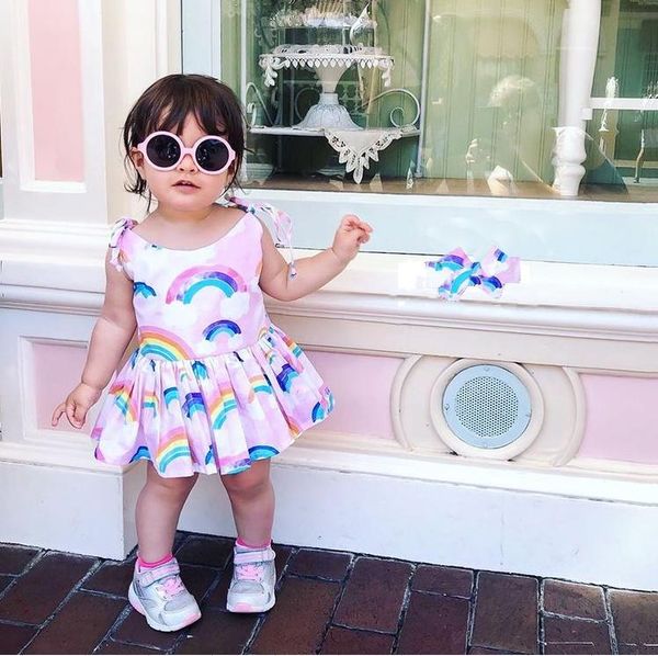 

jumpsuits 2 pcs born summer outfits baby girls sleeveless tie-up rainbow print u-shaped neck romper + headband, Blue