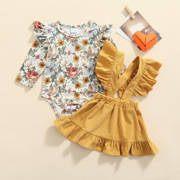 

clothing sets focusnorm 2pcs lovely baby girls clothes 0-18m flowers printed long sleeve romper ruffles suspender dress, White