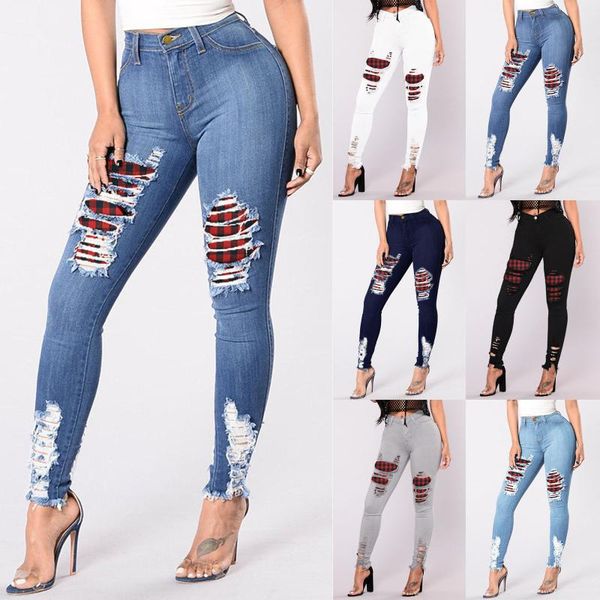 

2021 trendy denim pants women ladies streewear jeans distressed straight jeans long pant with hole ladies casual trousers#g30, Blue