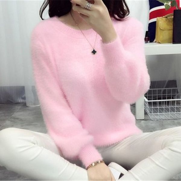 

mohair fur knitted sweater pullovers women clothes new winter fashion plush soft warm jumper female sweater casual 43 t200814, White;black