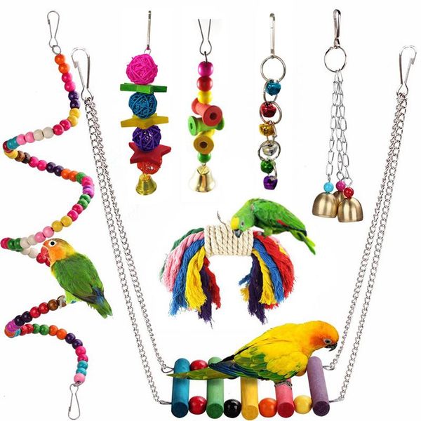 

7 pcs/set bird parrot hanging swing toy colorful wooden beads bells and pet bird cage hammock chew toys for parakeets conures