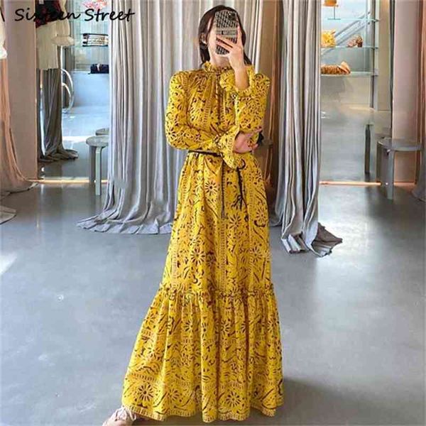 

vintage yellow maxi dresses for woman printed elegant party vestidos long-sleeve autumn women clothing 210603, Black;gray