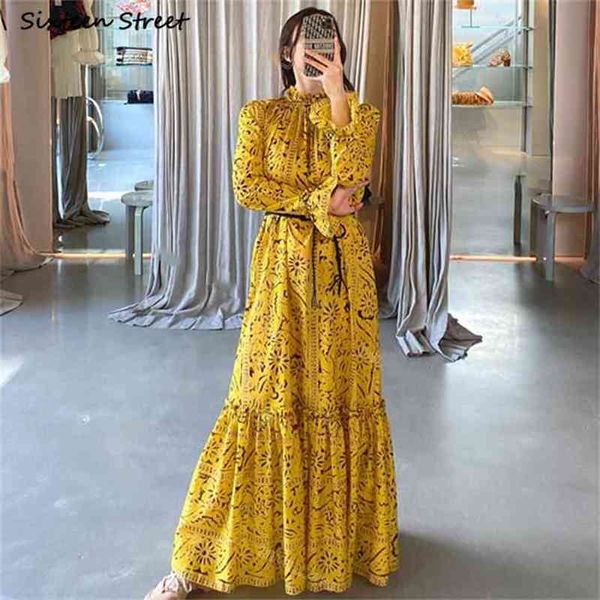 Vestidos de maxi amarelo vintage para mulher impressa elegante partido vestidos de manga longa outono mulheres roupas 210603