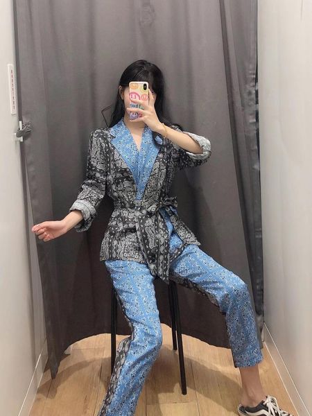 

retro paisley print sashes waist blazer casual woman notched collar slim fit mid long suit jacket coat outerwear with belt, Black;brown