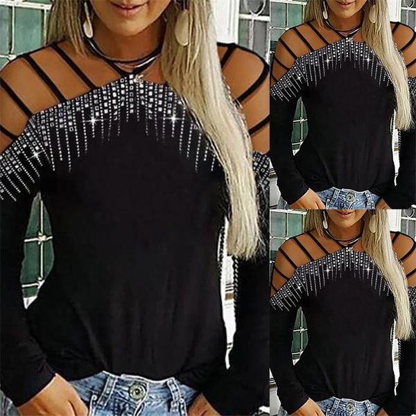 

women hollow shiny long sleeve t-shirt loose ladies casual shirt large size off shoulder pullovers womans clothings d30 210317, White