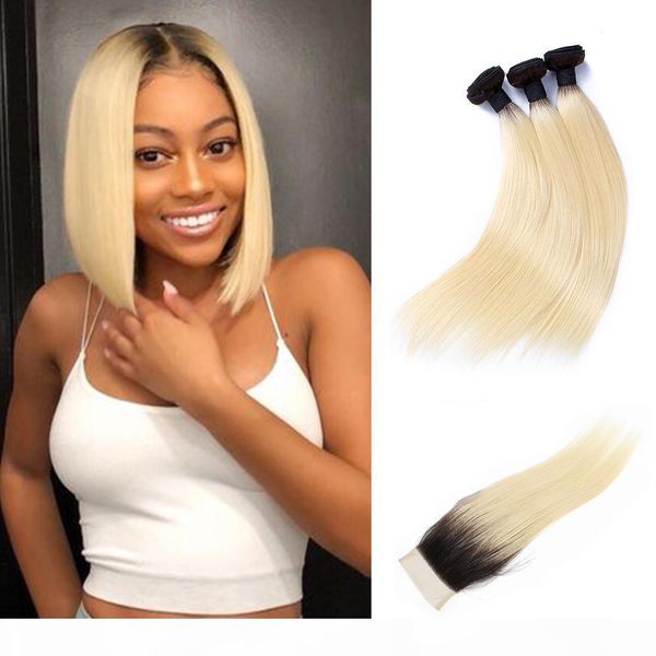 

1b 613 brazilian ombre blonde straight hair weave bundles with closure 3 bundles with 4x4 lace closure 100% remy human hair extensions, Black;brown