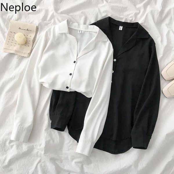 

neploe single breasted blouse women solid notched collar long sleeve ladies blusa shirts spring 2021 fashion casual female women's blo, White