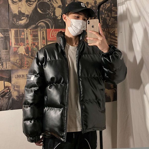 

trend tooling down jacket thickened men's winter coat youth men's stand collar cotton padded jacket pu leather cotton padded jacke, Black