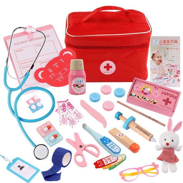 Brinquedos para Crianças Menina Menino Crianças Pretendendo Play Madeira Médico Brinquedos Red Medical Kit Dentista Medicina Caixa Conjuntos de Pano Bag Jogos de Embalagem 210312