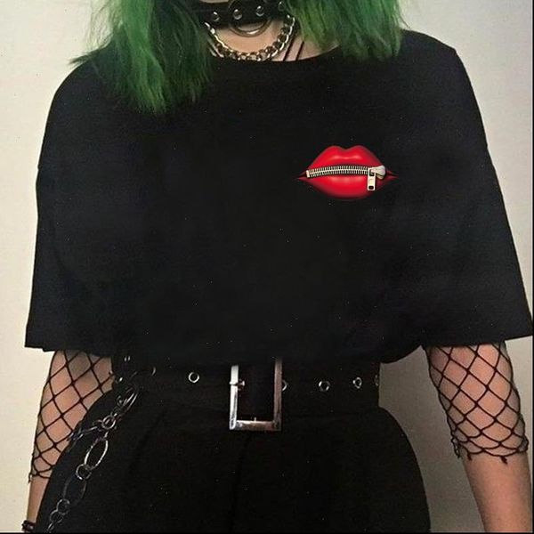 

creativity zipper lips female vintage summer fashion womens casual red lip t shirt short sleeve black t shirts, White