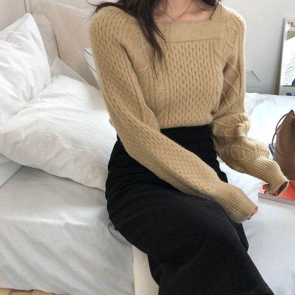 

korean 2021 solid color turtleneck square autumn fine winter fit all-match sleeve pullovers shirts knitted or crocheted x3o9, White;black