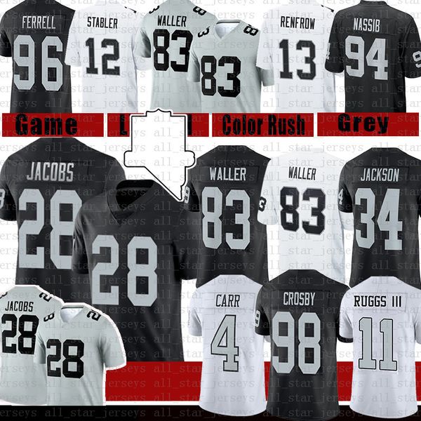 

28 josh jacobs 83 darren waller football jersey derek carr henry ruggs iii maxx crosby las vegasraidershowie long carl nassib bo, Black;red