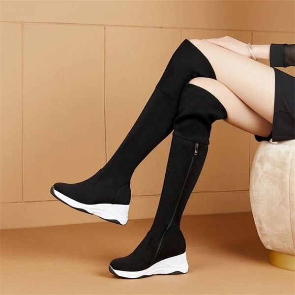 

boots shoes women's leather elastic thin nightclub fashion thick bottom muffin large knee 40, Black