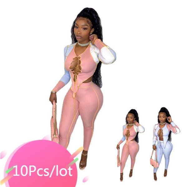 

women's two piece pants bulk items wholesale lots set patchwork women sets bandage lace up crop skinny legging autumn outfits, White