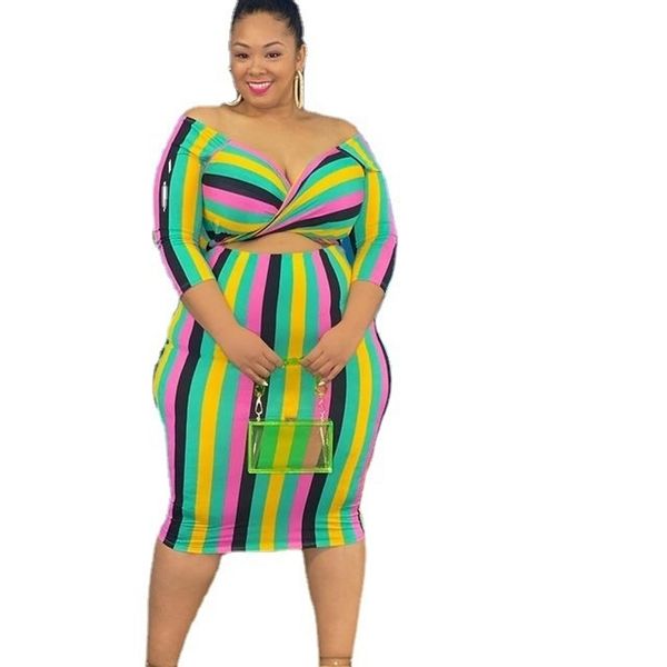 

plus size dress women striped high waist v neck bodycon stretch office lady outfits maxi dresses wholesale drop 211106, Black