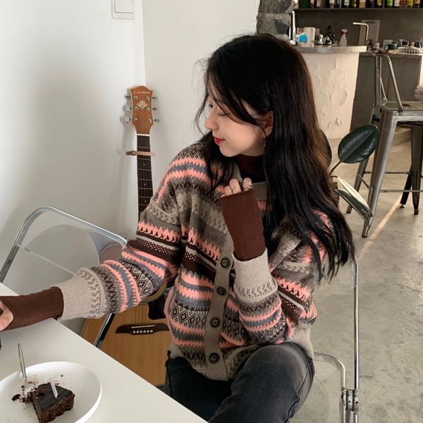 

2021 autumn new retro all-match knitted cardigan sweater coat jacket women fashion keep warm b6hp, White;black