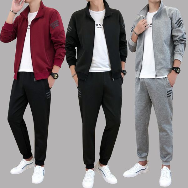 

new 2021 autumn men's cardigan sweater youth stand collar casual korean sportswear two piece set fashion, Gray