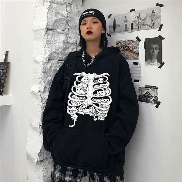 

women's hoodies & sweatshirts funny little cats group on the skeleton picture vintage pullover sweatshirt harajuku street goth punk chi, Black