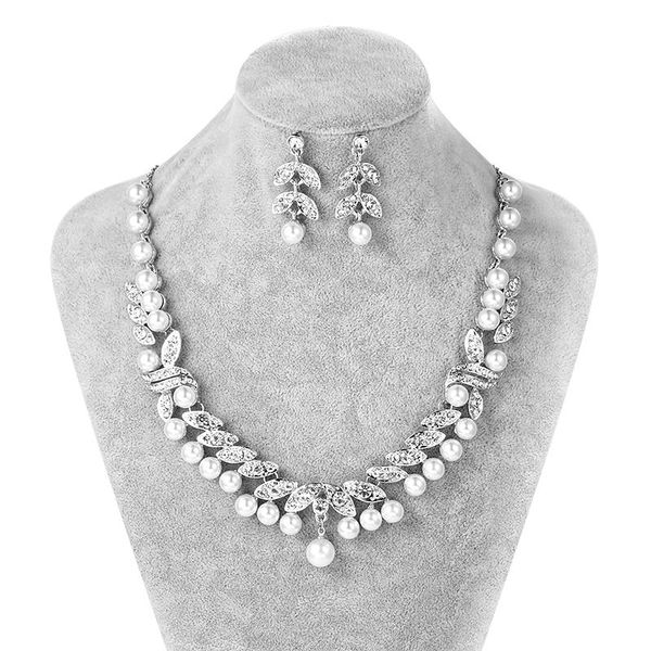 

earrings & necklace weimanjingdian simulated pearl and clear rhinestons bridal wedding jewelry set packing in gift box, Silver