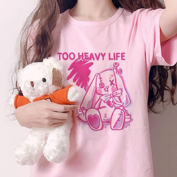 

too heavy life alphabet casual loose harajuku kawaii sweet girl japan cartoon rabbit puppet women pink vintage cute t-shirt, White