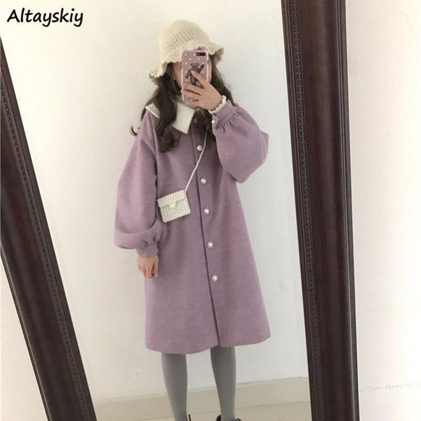 

long style wool women purple japanese student preppy chic sleeve sweet harajuku all-match streetwear girls overcoat women's & blends, Black