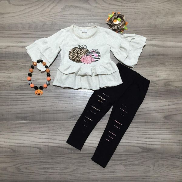 

fall winter girls pumpkin print bell sleeve with black pants kids halloween set bow and necklace, White