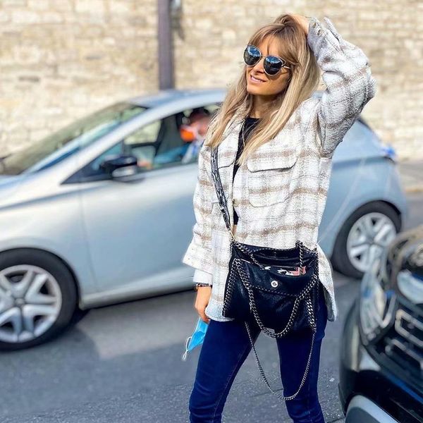 

women's blouses & shirts ladies plaid printed shirt long sleeve lapel thickened knitted blouse casual outwear, White