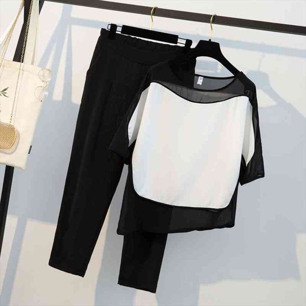 

summer black white patchwork chiffon loose shirt women pant suits and plus size elastic waist calf- length pants set, Gray