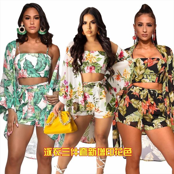 

three piece clothing wholesale women tracksuits vest printed pants chiffon fashion cardigan casual temperament beach suit, Gray