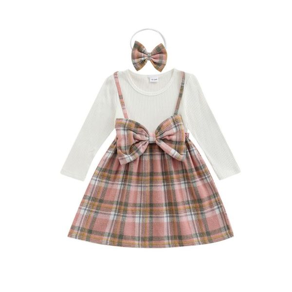 

girl's dresses citgeeautumn kids girls dress plaid long sleeve headband patchwork clothes spring fall suit 0-3years, Red;yellow